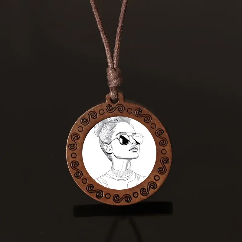Vintage Adjustable Bohemian Pendant Necklace with Hand Drawn Woman Art